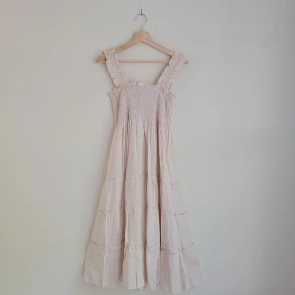 Quince 100% European Linen Smocked Midi Dress, Sand Beige, L - Picture 3 of 9